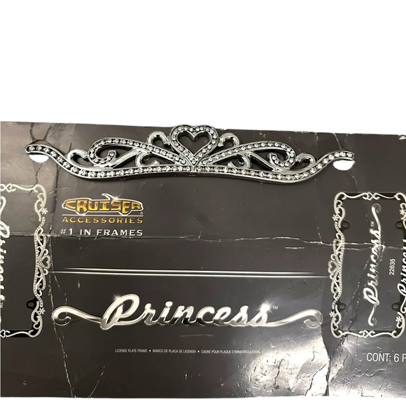 Black & Chrome Princess License Plate Frame & Diamond Bling Fasteners New - Picture 11 of 16
